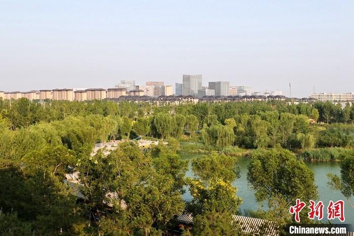 從完成頂層設計到如火如荼大規(guī)模建設，六年來，雄安新區(qū)如春天的竹子一般拔節(jié)生長，這座承載千年大計的“未來之城”已雄姿初顯。從“一張白紙”開始著墨，如今的雄安新區(qū)已是濃墨重彩的“山水畫”。<a target='_blank' href='/'>中新社</a>記者近日走訪了雄安新區(qū)多地，從“藍綠金”三色感受這座“未來之城”的巨大變化。圖為7月18日拍攝的河北雄安新區(qū)金湖公園。 <a target='_blank' href='/'>中新社</a>記者 易海菲 攝