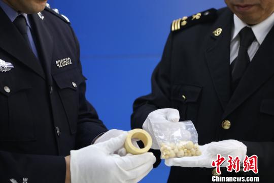海關(guān)工作人員查獲象牙制品。　鮑曉康 攝