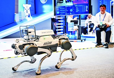  網(wǎng)絡安全博覽會上的企業(yè)展示電網(wǎng)巡線機器狗。新華社記者 鄧華攝