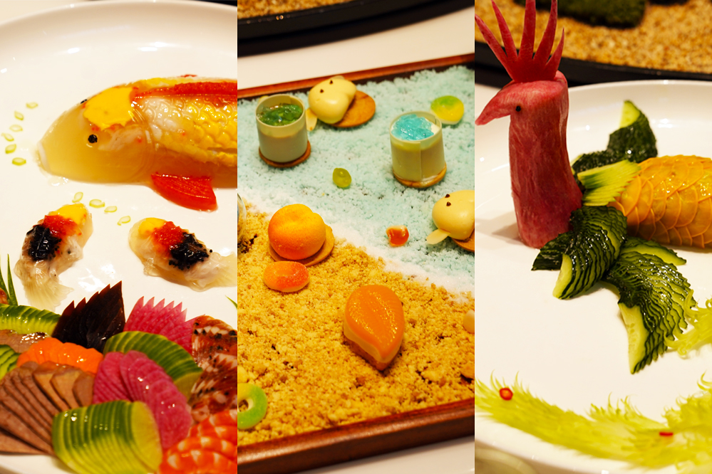 大觀樓長(zhǎng)聯(lián)宴。從左至右依次為翠羽丹霞、四圍香稻、西翥靈儀。供圖 大觀樓長(zhǎng)聯(lián)宴。從左至右依次為翠羽丹霞、四圍香稻、西翥靈儀。供圖